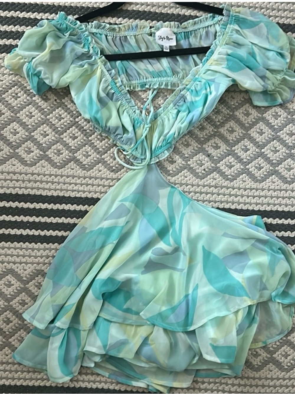 Light Aqua Floral Cutout Ruffle Romper